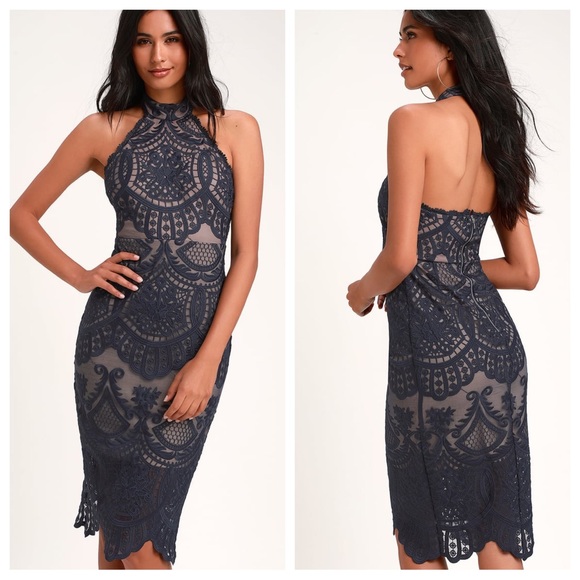 Lulus Dresses & Skirts - Lulus NWT Celebrate Life Navy Blue Lace Halter Midi Dress Small New